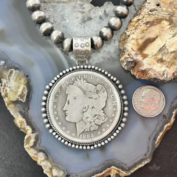 Genuine 90% Silver 1894 US Morgan Dollar Decorated Unisex Pendant